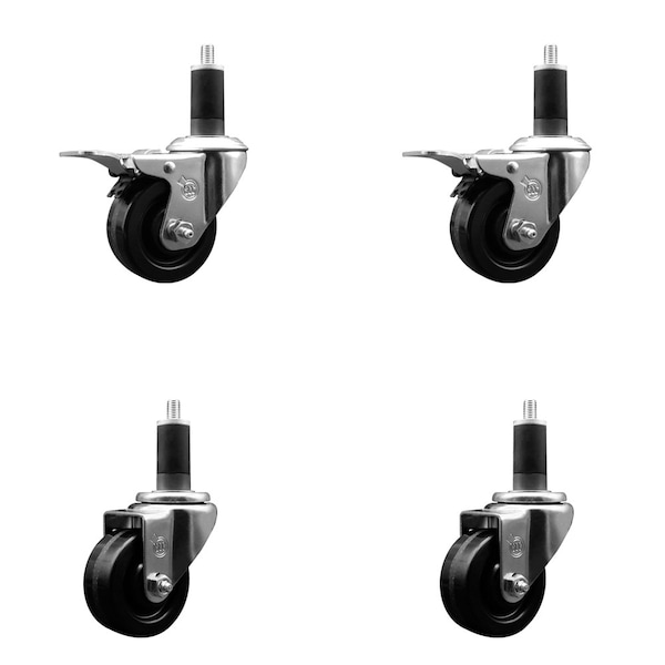 3'' Phenolic Swivel 1-1/4'' Expand Stem Caster Set 2 Total Lock Brakes, 4PK